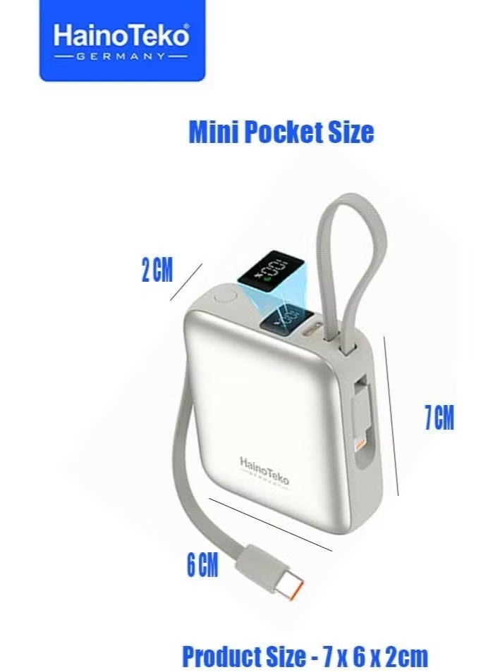 Haino Teko B101 Mini Portable 10000mAh Power Bank with 22.5W Quick Charge, Built-in Type-C & Lightning Cables, Slim Travel Design, Silver, Reliable Backup Power for Smartphones - Image 2